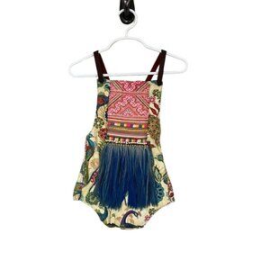 Liboosha Girl Romper Size 2 Blue Pull On Peacock Red Embroidery Yarn Fringe Boho